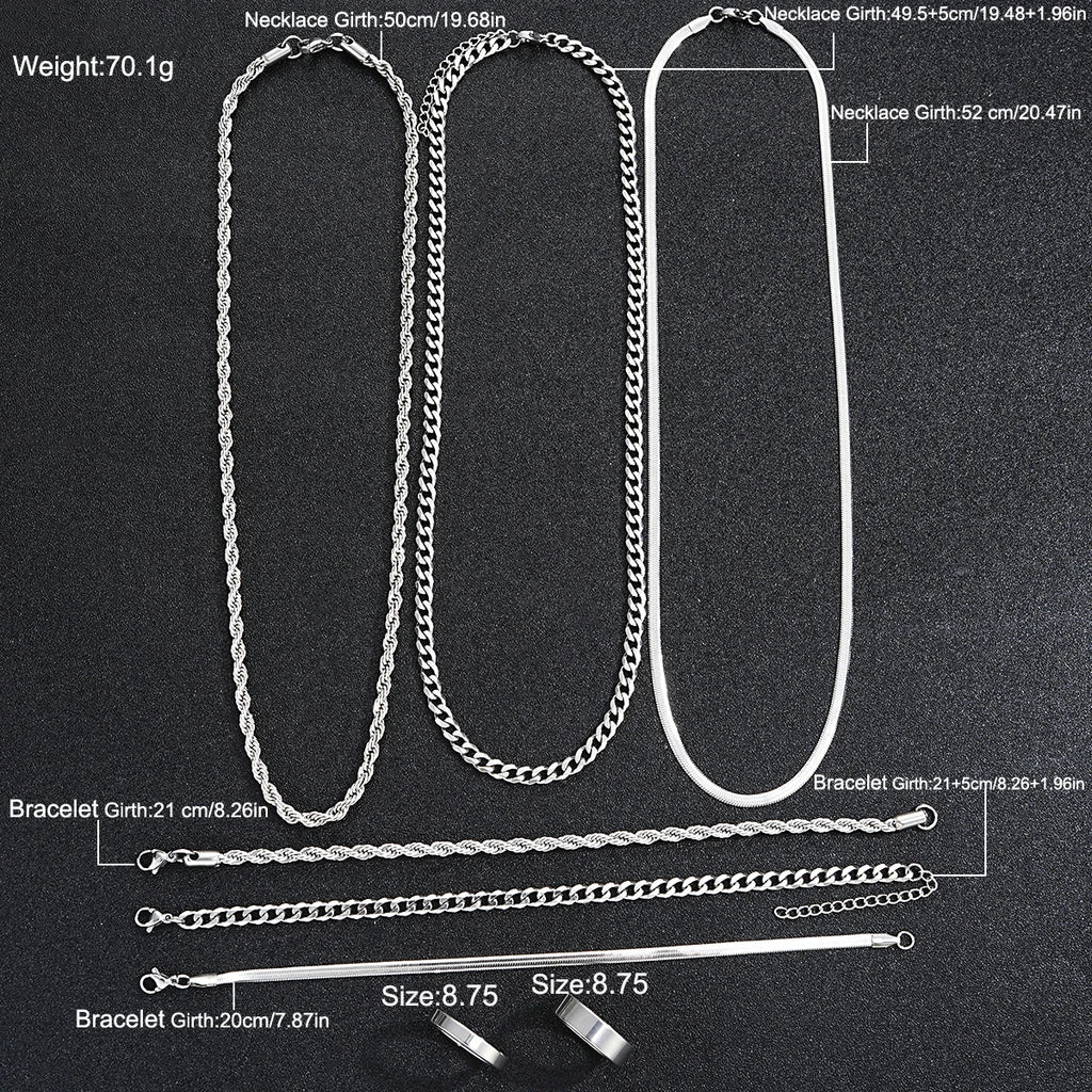 New Arrival Silver Tone Stainless Steel Jewelry Set Unisex Punk Vintage Smooth Ring Necklace Bracelet Waterproof Anti Tarnish Minimal Street Daily Wear Jewelry Gift For Men