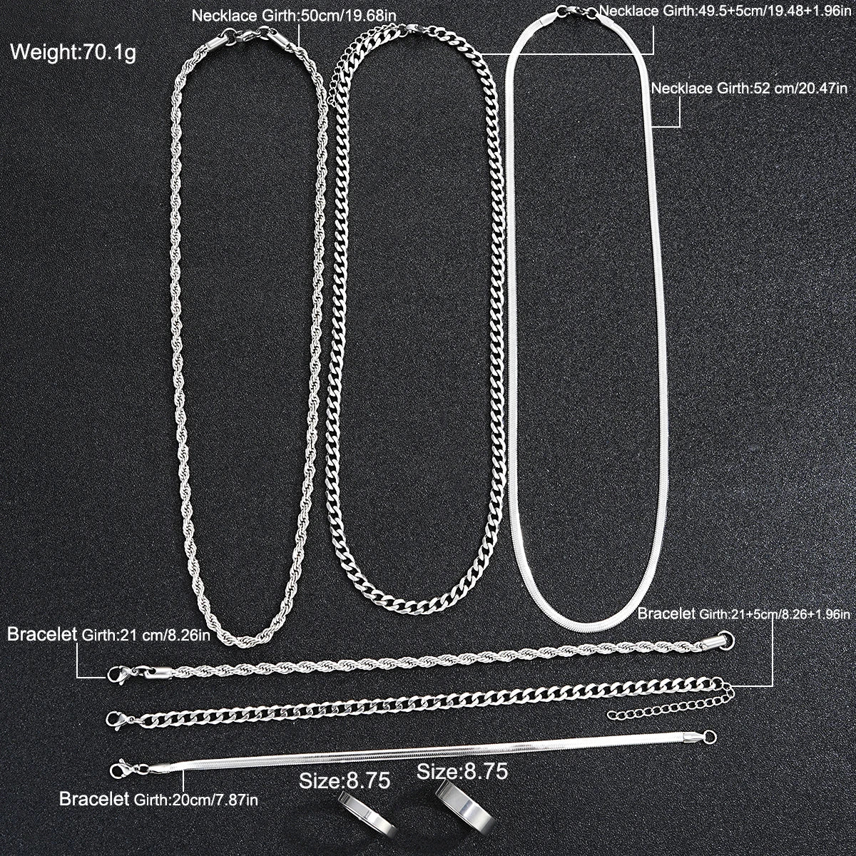 New Arrival Silver Tone Stainless Steel Jewelry Set Unisex Punk Vintage Smooth Ring Necklace Bracelet Waterproof Anti Tarnish Minimal Street Daily Wear Jewelry Gift For Men