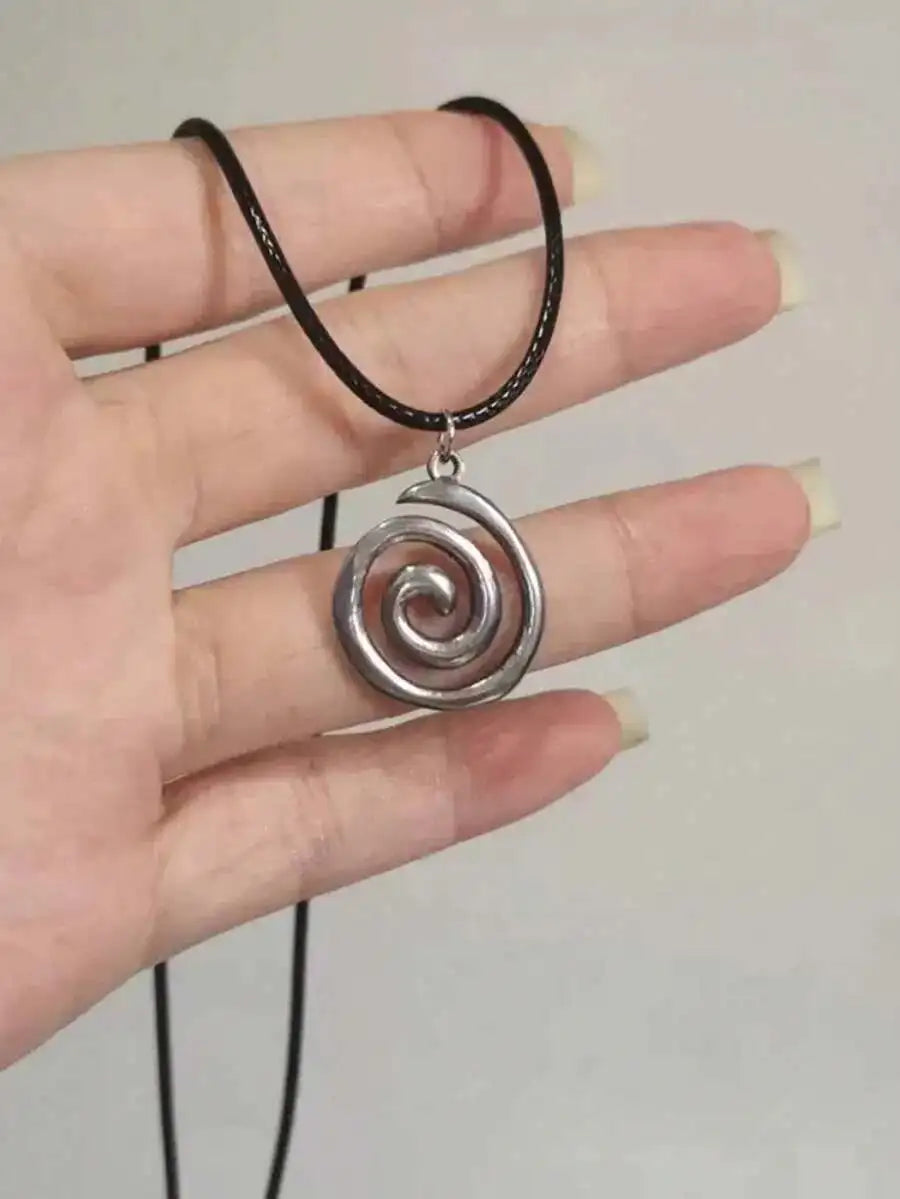 Y2K spiral swirl stainless steel pendant necklace unisex vintage handmade braided leather design