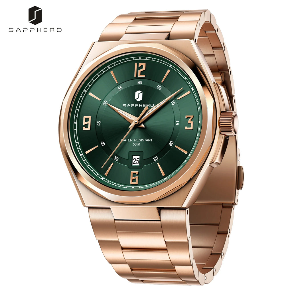 SAPPHERO Men Quartz Watch Luxury Stainless Steel Strap 5ATM Waterproof Hardlex Crystal Business Elegant Dress Wristwatch Gift mbzr