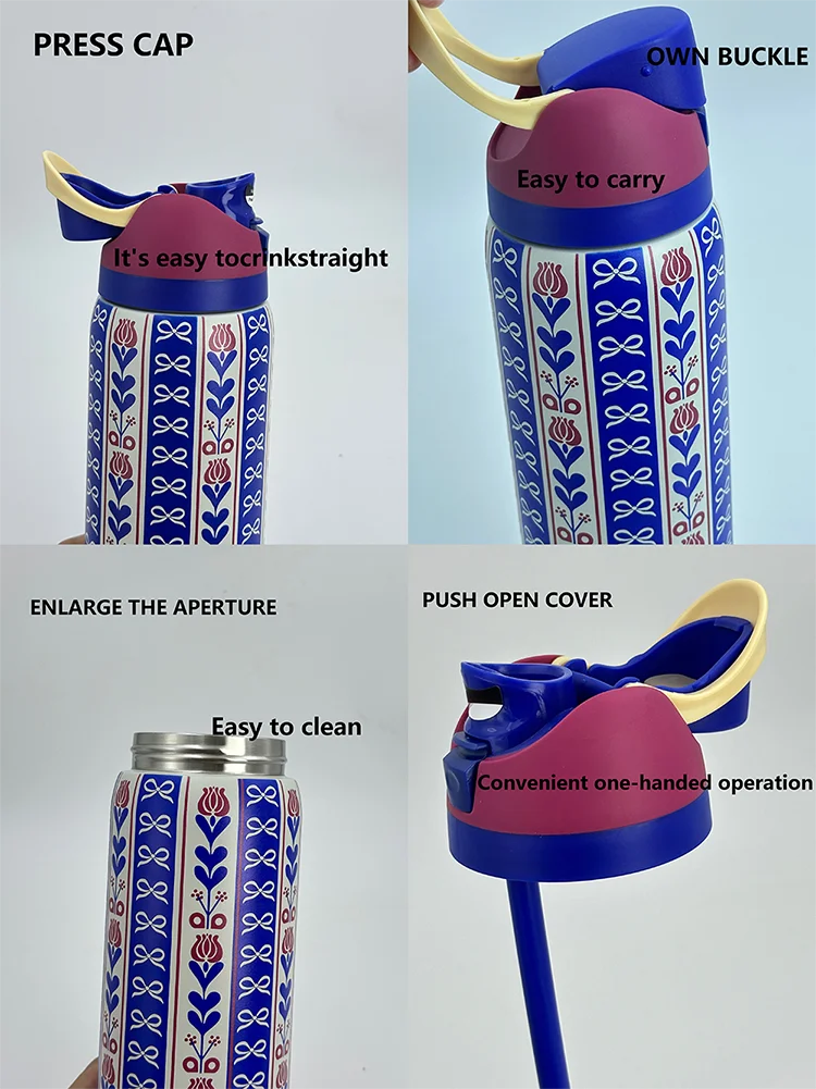 Owalaa blue pattern 32oz/945ml stainless steel insulated water bottle with straw,for daily sports outdoor,perfect gift mbzr