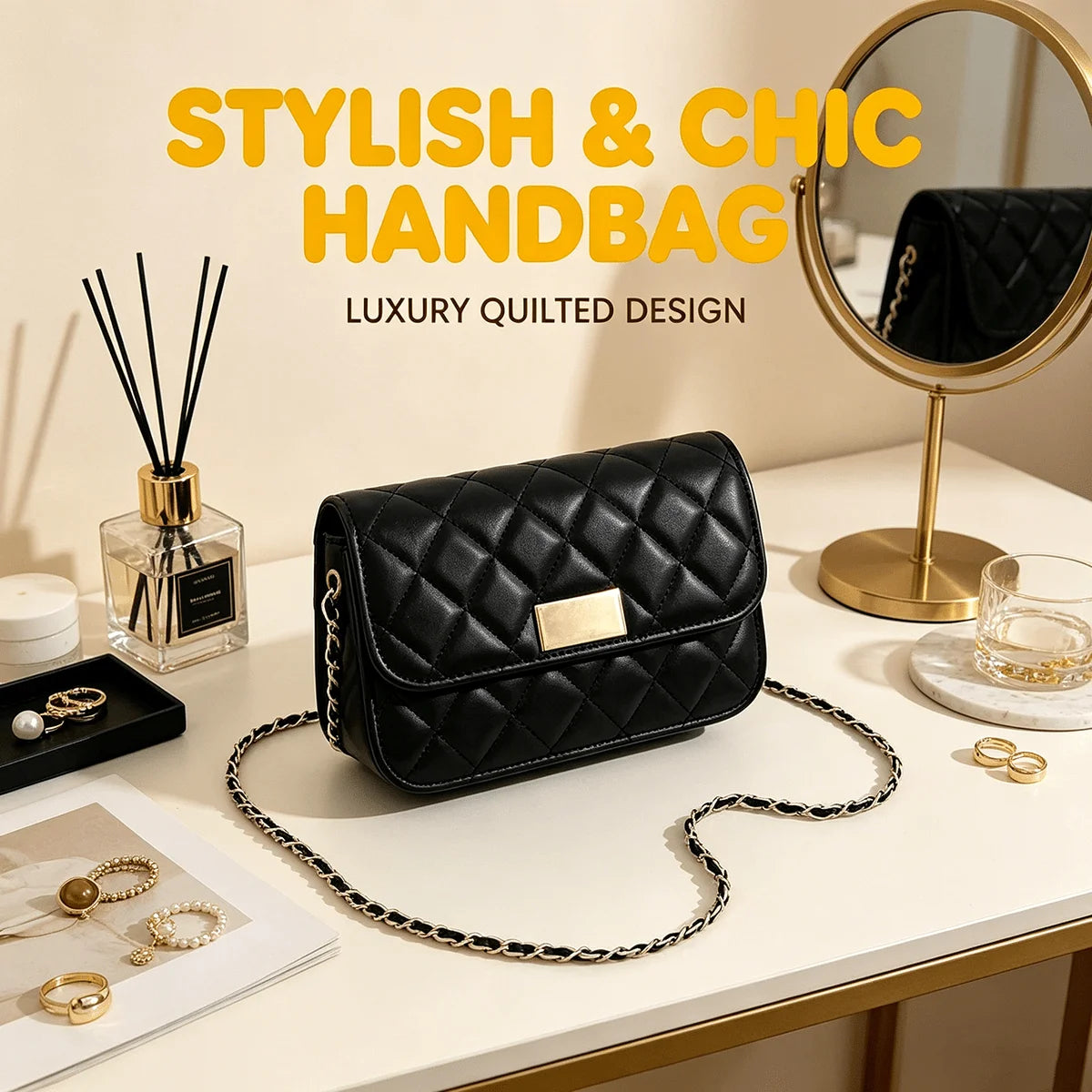 Quilted PU Leather Crossbody Bag with Gold Clasp & Chain Strap