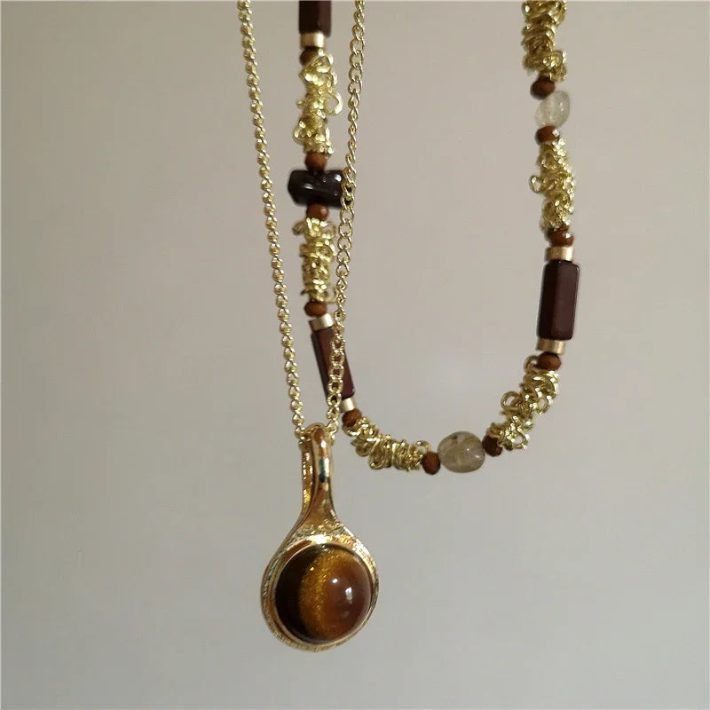 Vintage Leather Brown Stone Sun Pendant Beaded Choker Clavicle Chain Necklace For Women Unique Y2K Personalized Grunge Jewelry
