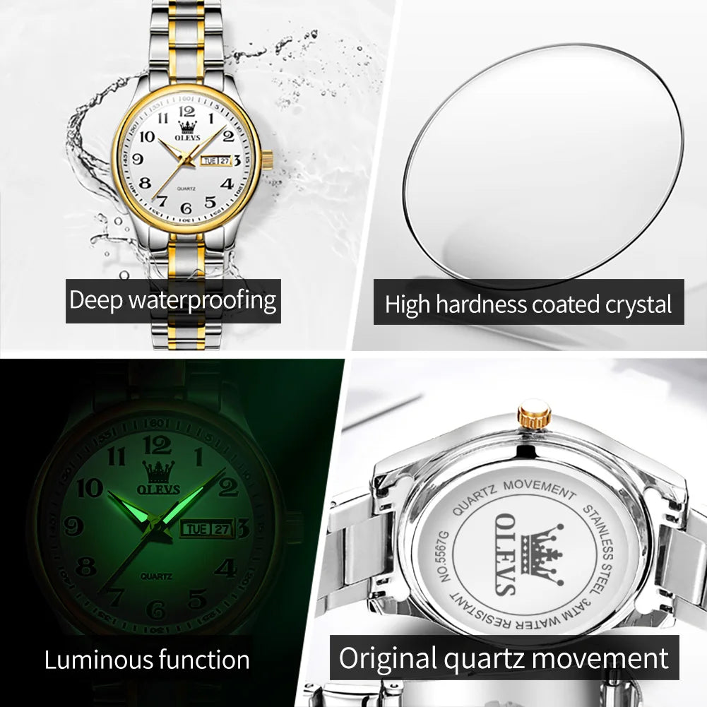 OLEVS 5567 Fashion Original Quartz Movement Women Watch Week Date Display Calendar Window 30m Waterproof Large Numeral Dial HD Luminous Watch