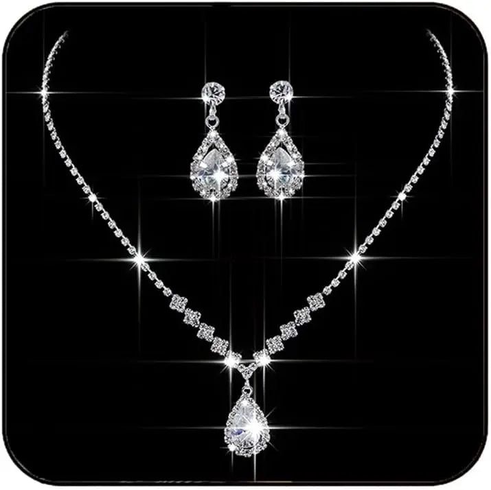 JAKAWIN Silver Rhinestone Jewelry Set Wedding Necklace Earrings for Women