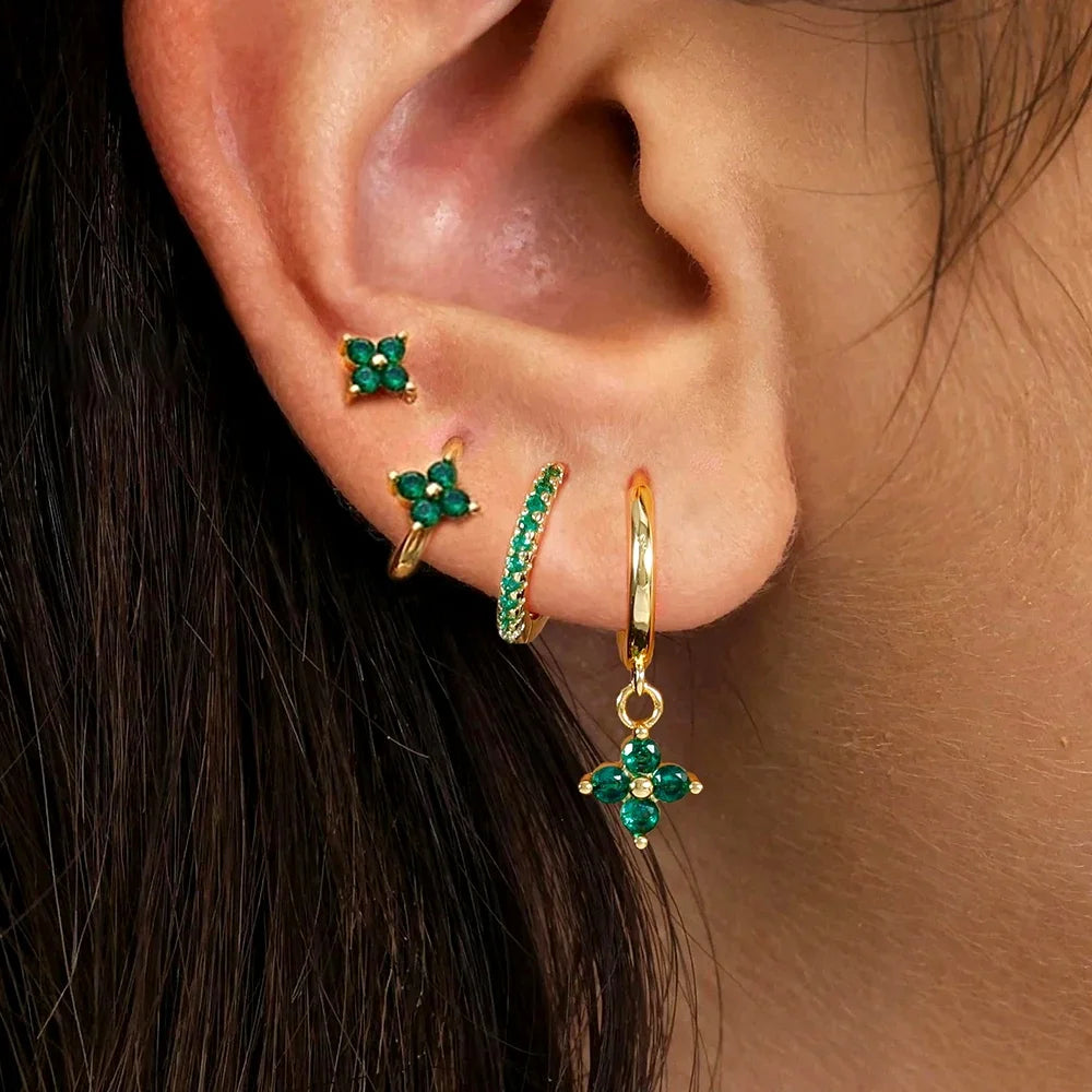 4pcs Fashion Cubic Zirconia Flower Hoop Earrings Set 18K Gold Plated Stainless Steel Stud Earring Piercing Jewelry aretes mujer