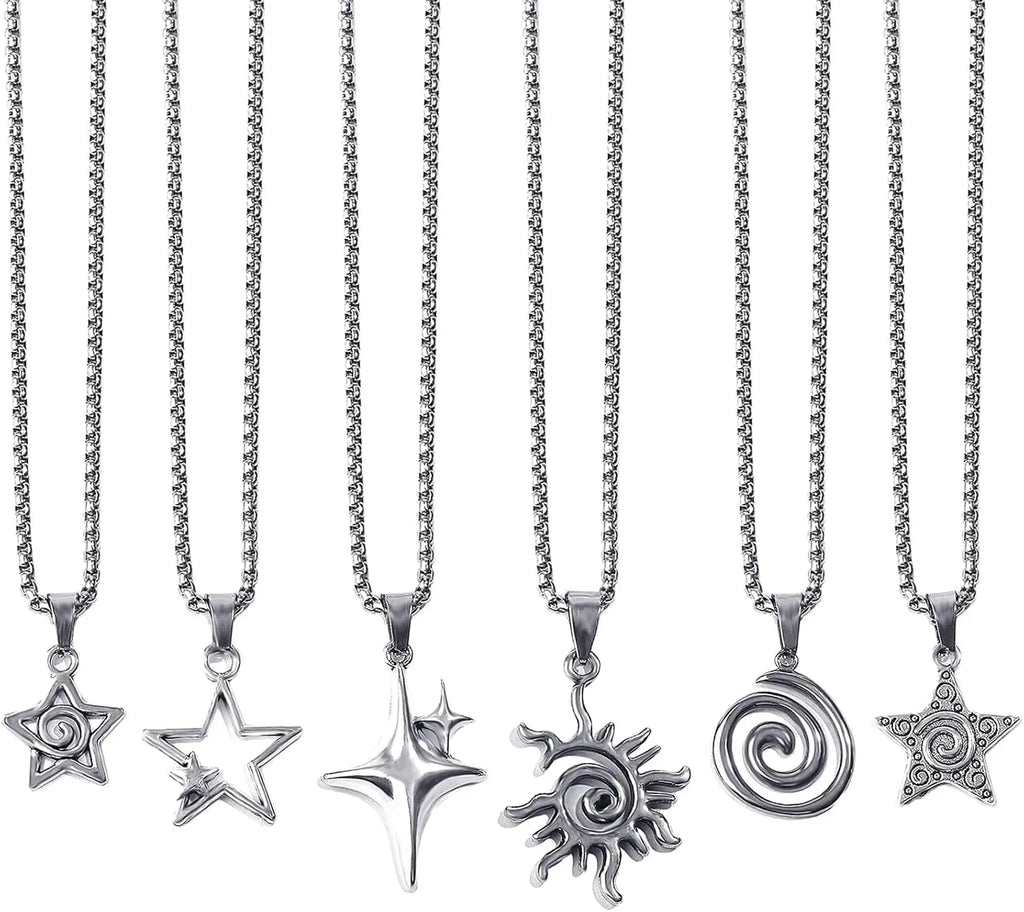 6PCS Y2K Necklace Grunge Jewelry Set for Women, Silver Vintage Punk Emo Necklace Alt Jewelry Star Sun Pentagram Spiral Necklace, Stainless Steel Punk Alt Alternative Jewelries Emo Gothic Accessories.