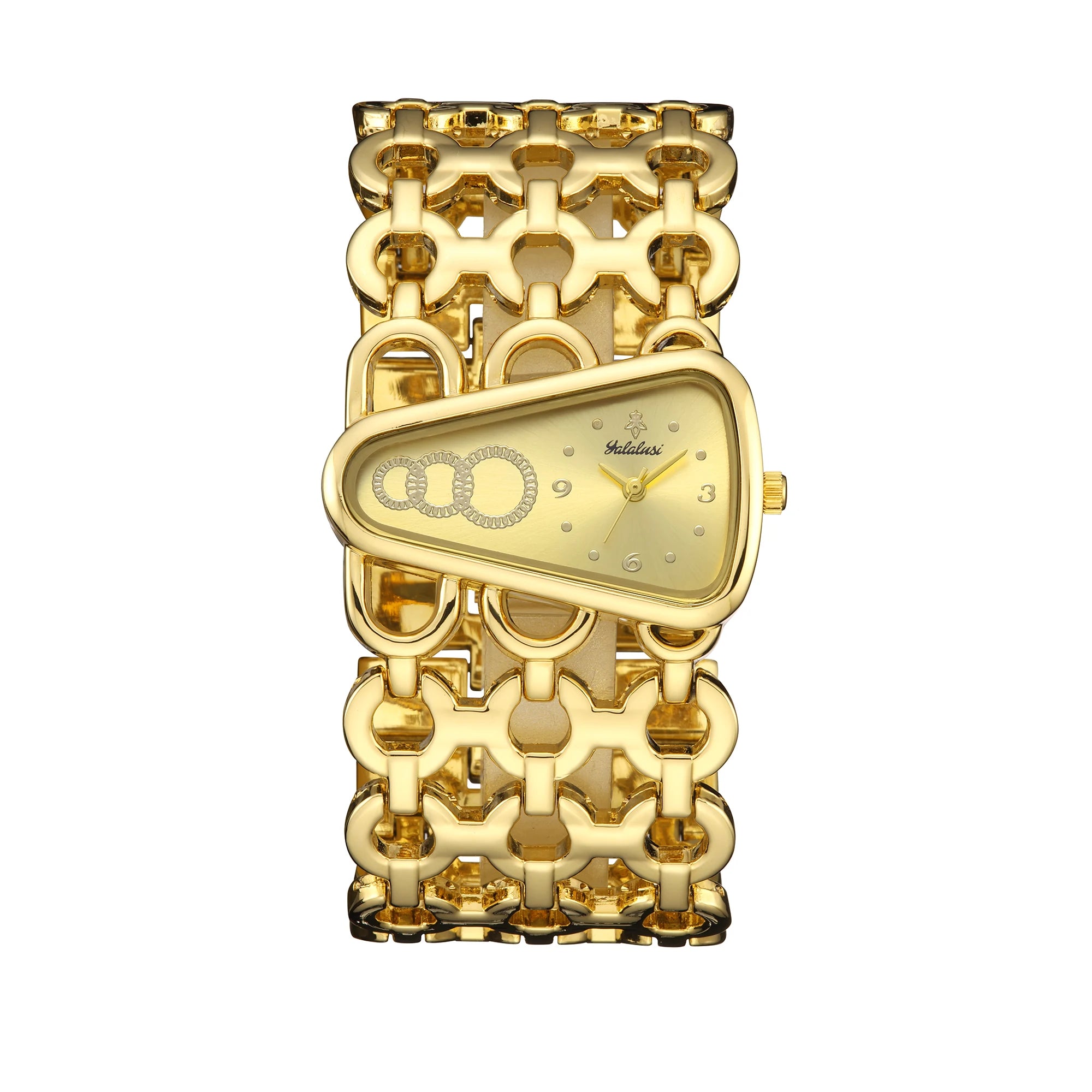 YaLaLuSi Irregular Trapezoid Gold Dial Women Watch Hollow Wide Interlocking Link Bracelet Unique Luxury Waterproof Ladies Quartz Dress Wristwatch For Party Dating Wedding