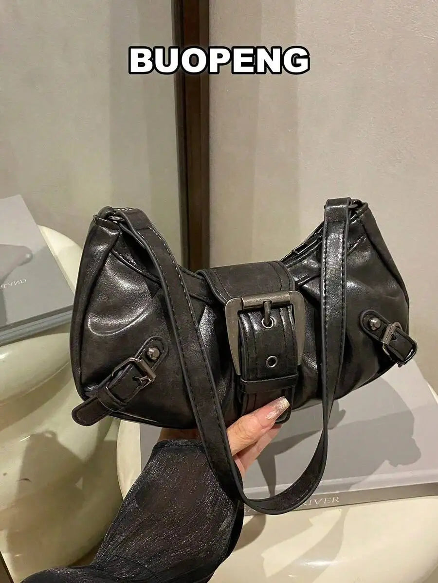 Vintage-Style Saddle Crossbody Bag with Buckle Detail, Soft Faux Leather, Adjustable Strap