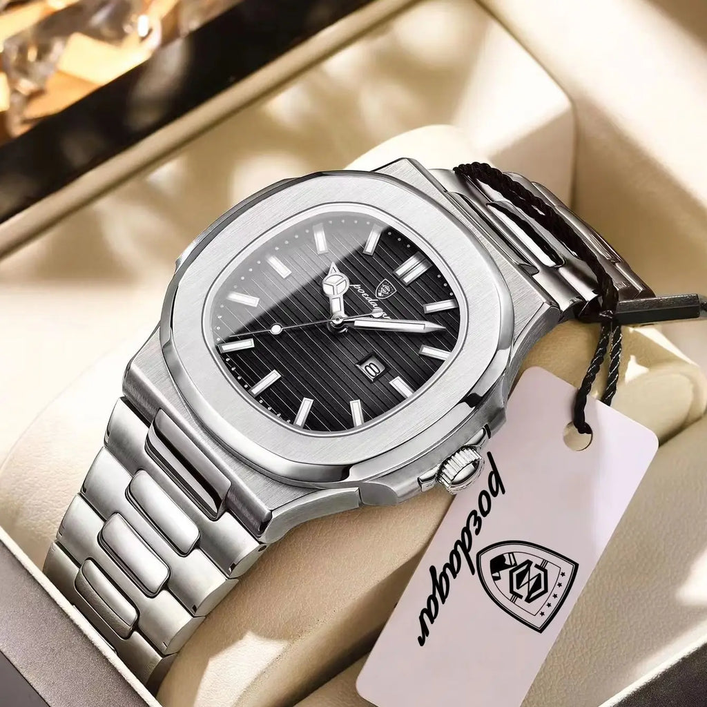 POEDAGAR Square Luxury Men Wristwatch Waterproof Luminous Date High Quality Stainless Steel Male Clock Business Sports Quartz Watches For Men Reloj Hombre mbzr