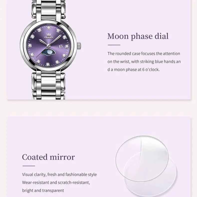OLEVS 5573 Women's Watch Waterproof Star Moon Diamond Roman Scale Dial Solid Stainless Steel Elegant Luxury Quartz Women Watch mbzr