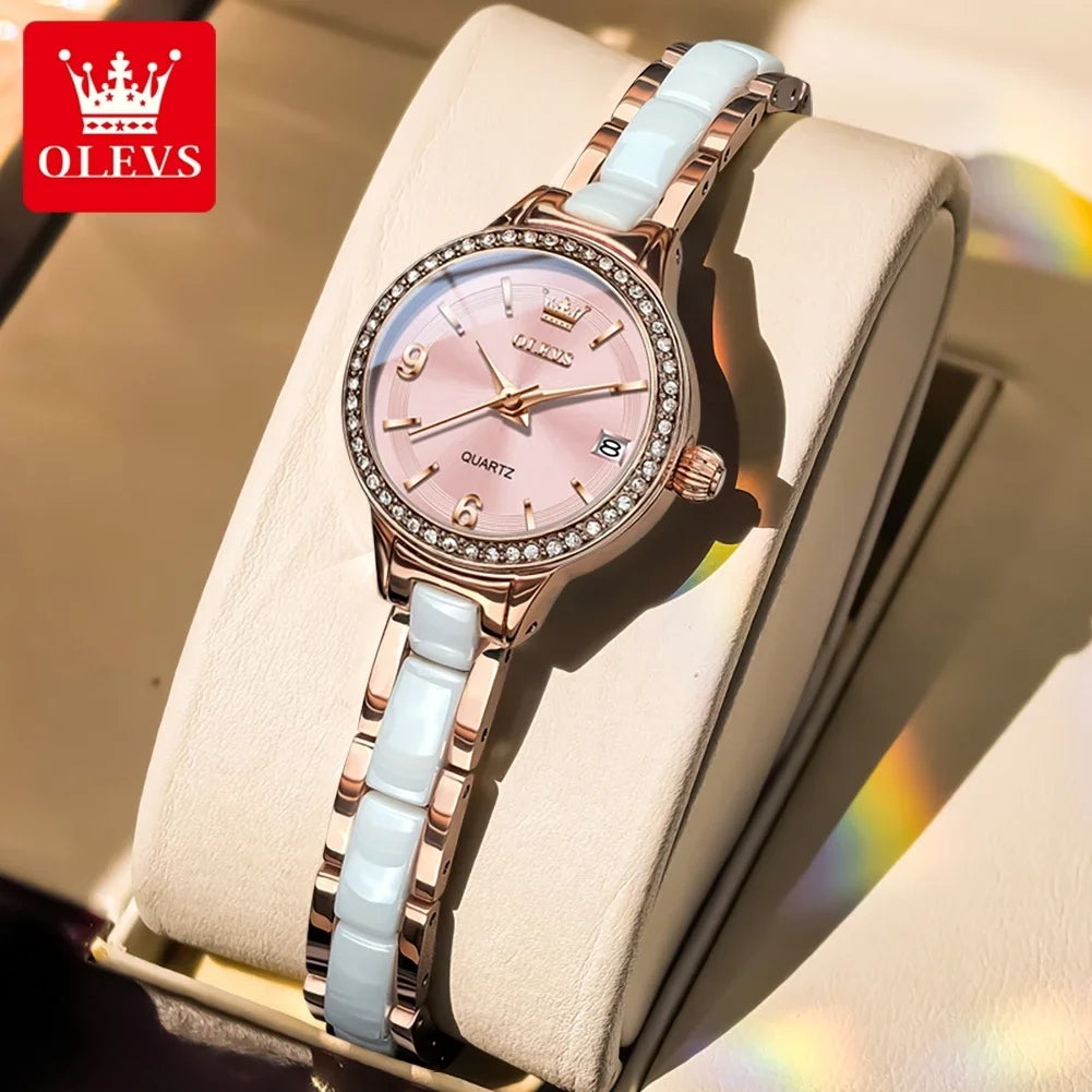 OLEVS Luxury Quartz Watch Women Elegant Ceramics Strap Waterproof Auto Date Luxury Lap Ladies Watches 7093 mbzr