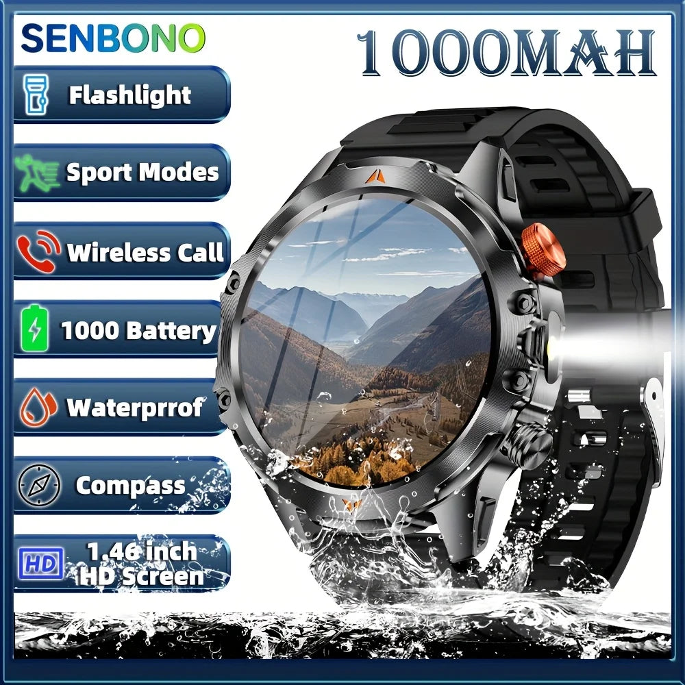SENBONO AMOLED Smart Watch for Men 1100mAh Battery 25+Day Use Time Compass IP68 Waterproof Sport Men‘s Smartwatch for Men Women
