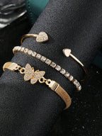 3pcs/Set Luxury Fashion Minimalist Personalized Rhinestone Butterfly & Heart Layered Bangle Bracelet, High-End Accessory Set For