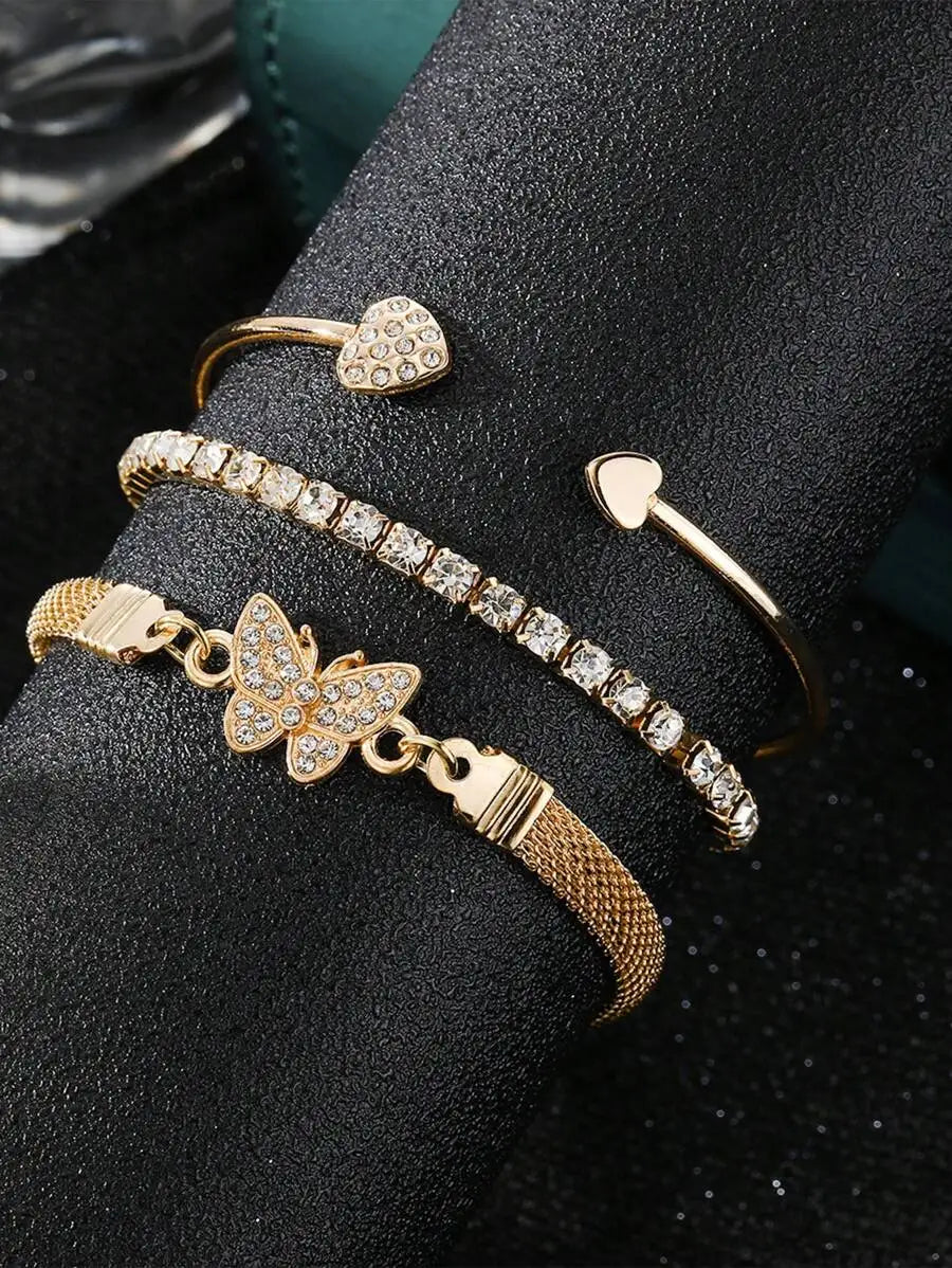 3pcs/Set Luxury Fashion Minimalist Personalized Rhinestone Butterfly & Heart Layered Bangle Bracelet, High-End Accessory Set For