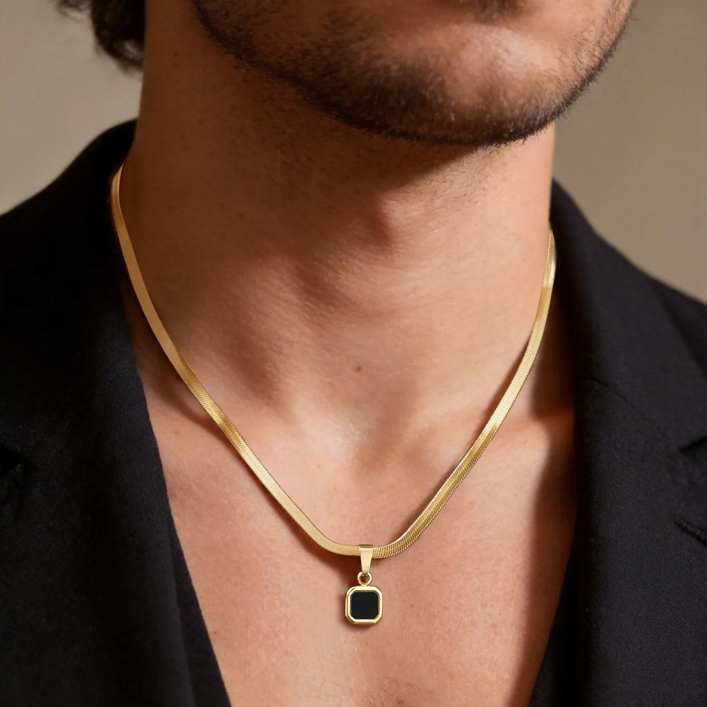 Vnox Geometric Square Natural Stone Pendant Necklace for Men, Gold Silver Color Stainless Steel Blade Chain, Trendy Jewelry Gift