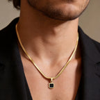 Vnox Geometric Square Natural Stone Pendant Necklace for Men, Gold Silver Color Stainless Steel Blade Chain, Trendy Jewelry Gift