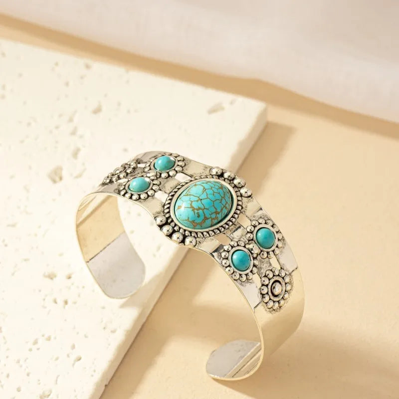 Vintage Bohemian Style Artificial Inlaid Turquoise Cuff Bangle Personality Creative Design Bangles