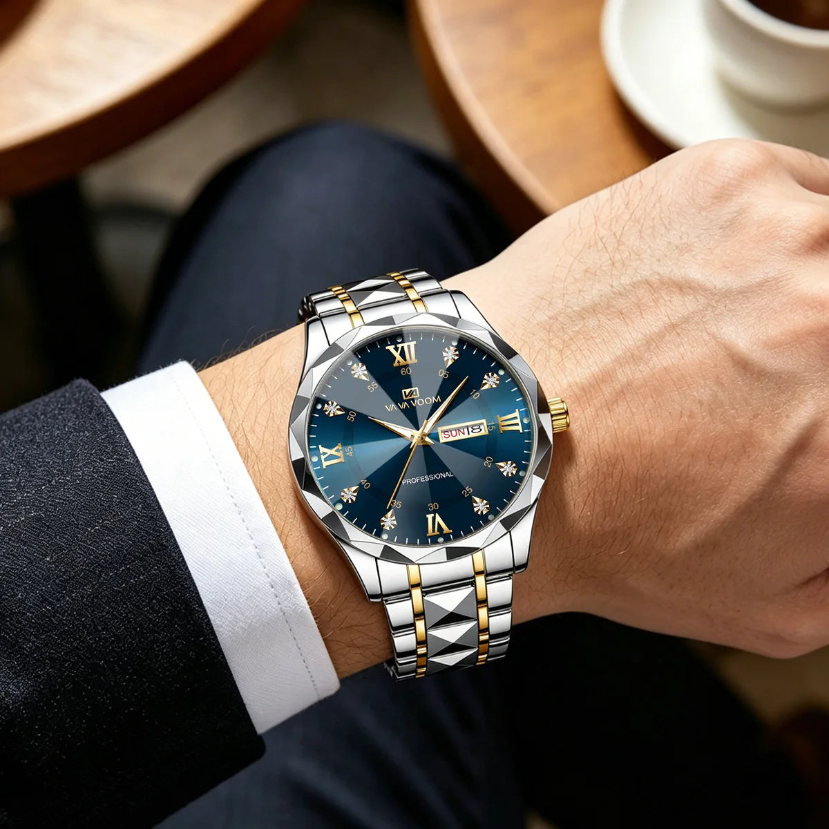 VA VA Voom Top Brand Quartz Men Two-Color Stainless Steel Luxury Rhinestone 41mm Black Dial 3Bar Waterproof Sports Watch for Men