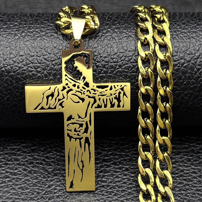 Crown of Thorns Jesus Cross Necklace Stainless Steel Gold Plated Crucifix Pendant Necklaces Jewelry
