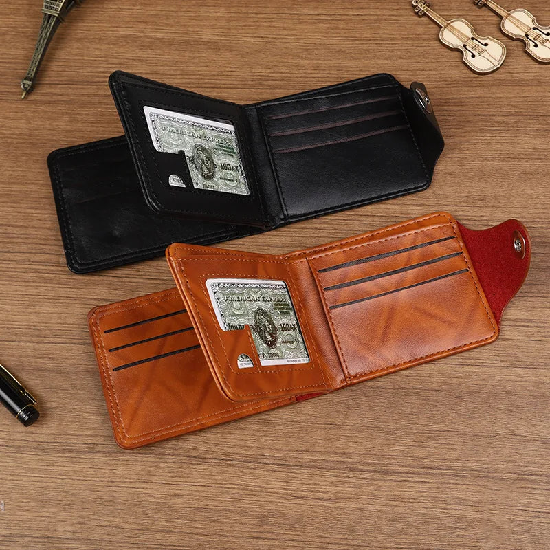 Men's Wallet Made of PU Wax Oil Skin Purse for Men Women Coin Purse Short Male Card Holder Wallets snap button Around Money Coin Purse