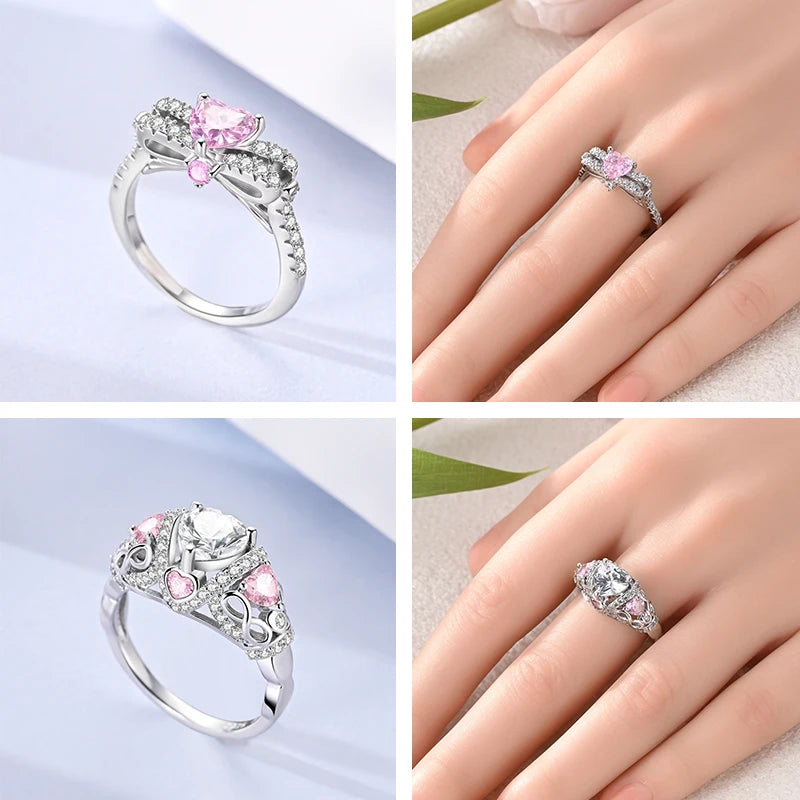 Anillos Apilables de Plata Esterlina 925 (Nuevos) – Lazo Rosa + Corazón (Tema Amor), Adecuados para Mujer y Chica mbzr