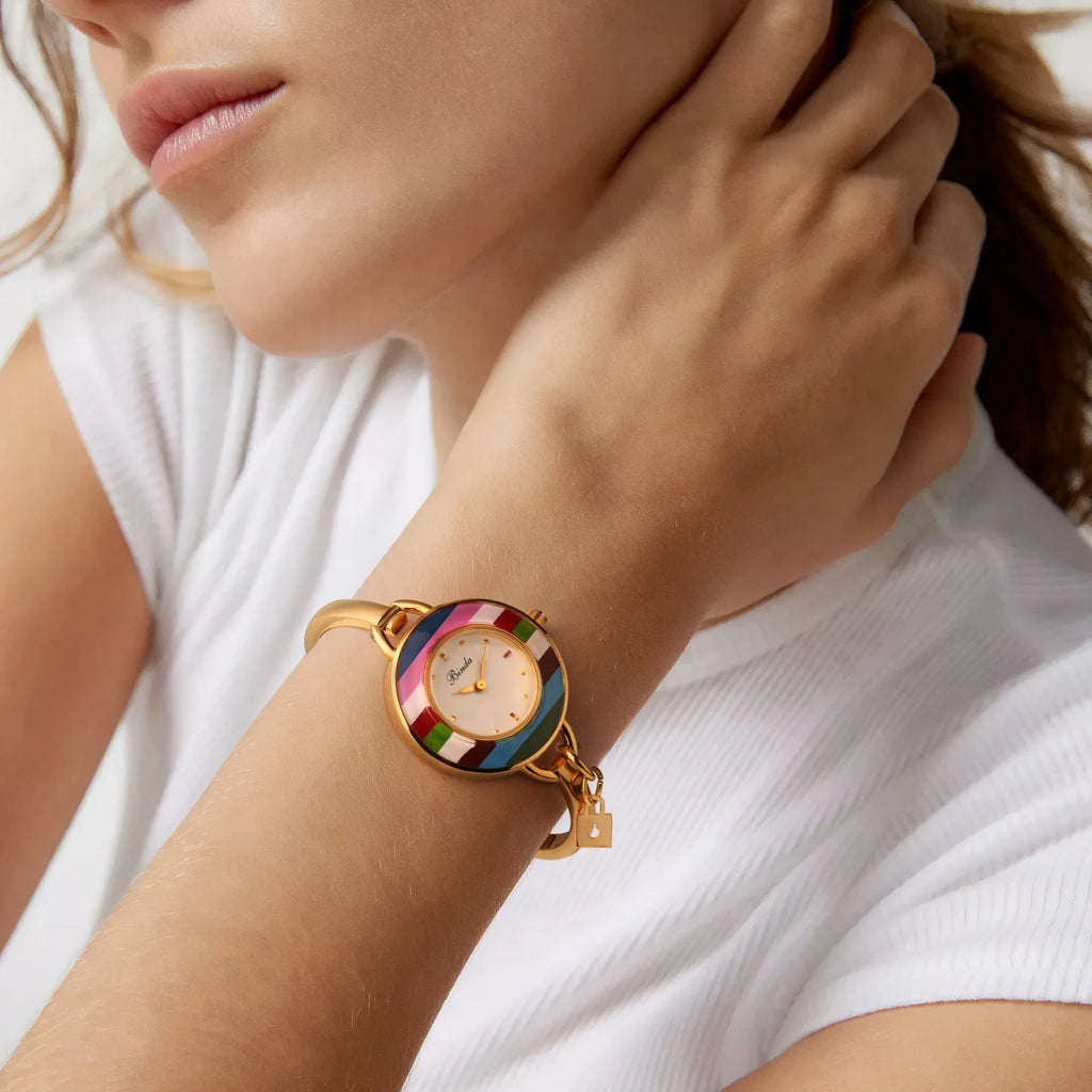 Binda Women’s Elegant Waterproof Quartz Watch – Rainbow Gold Stainless Steel Bracelet, Round Delicate Dial mbzr