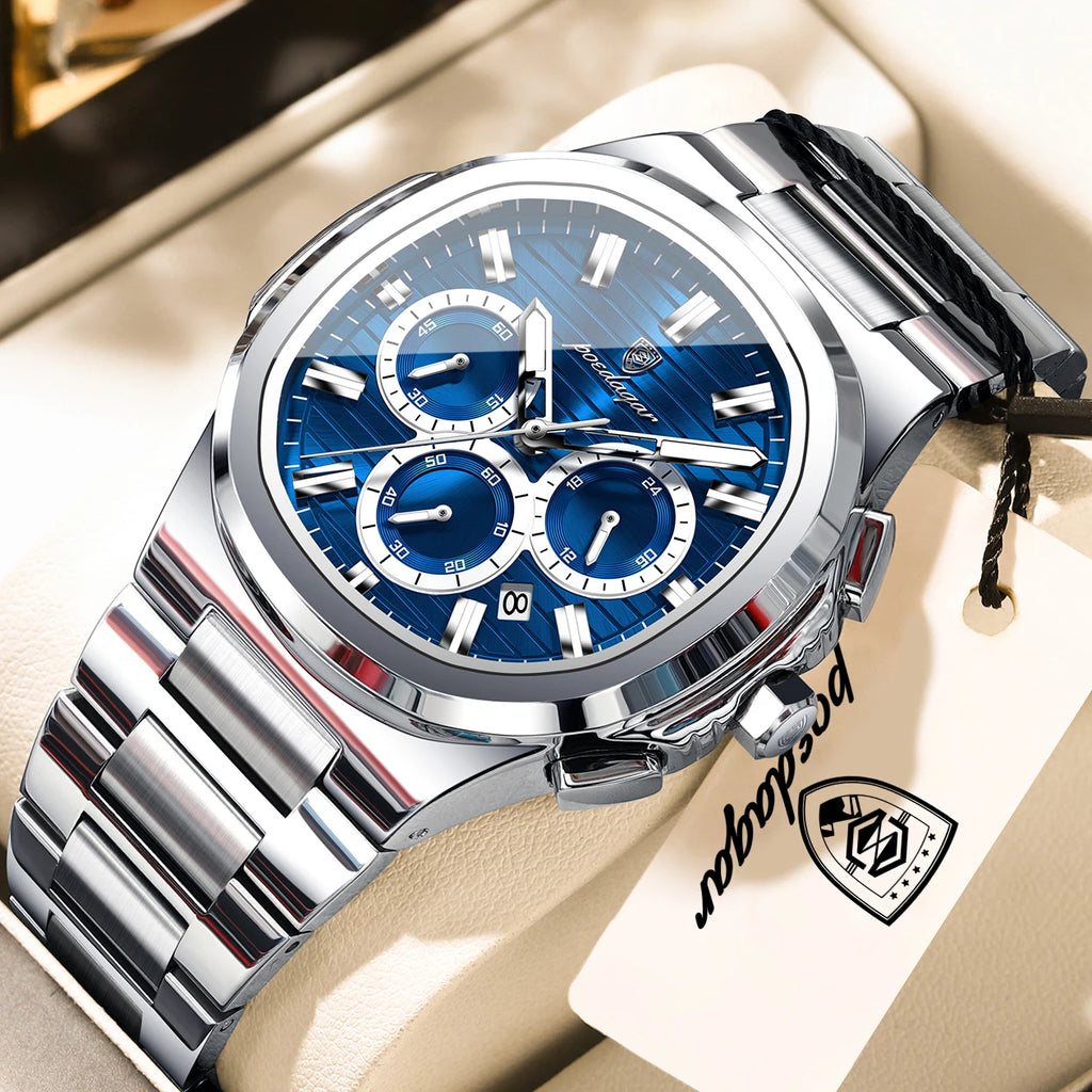 POEDAGAR Business Male Clock Date Chronograph Waterproof Luminous Luxury Men Watch Stainless Steel Quartz Fashion Men's Watches mbzr