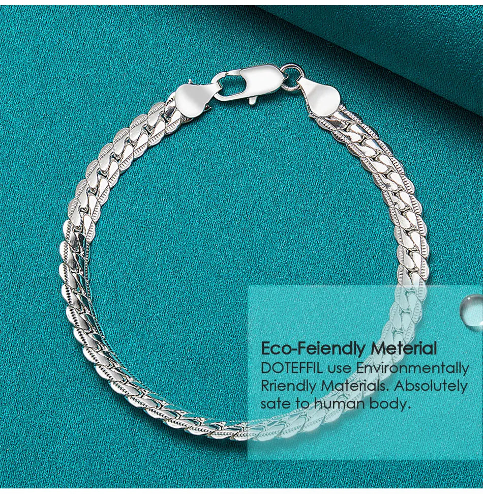 S925 Sterling Silver 6mm Flat Side Chain Bracelet 18-20cm Adjustable Lobster Clasp Anti-allergy Never Fade Minimalist Luxury Wedding Engagement Fine Jewelry Gift For Men Women