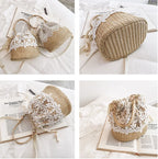 Summer Straw Weave Woven Handbag Women Fashion Bucket Bag Causal Holiday Beach Bag Elegant floral Lace Shoulder Crossbody Bag 2026 mbzr