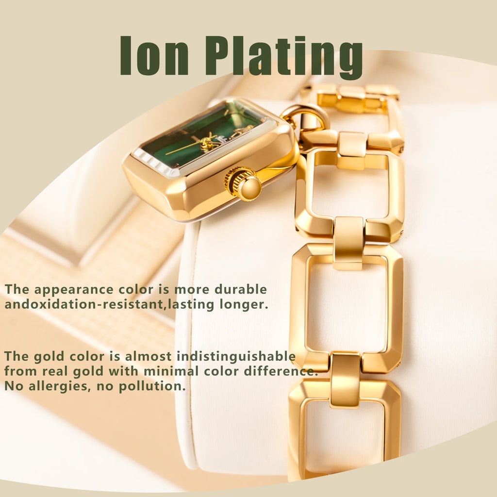 YaLaLuSi Newest Ladies Quartz Watch Ladies Small Watch Gold Case Green Face Luxury Casual Fashion Bracelet