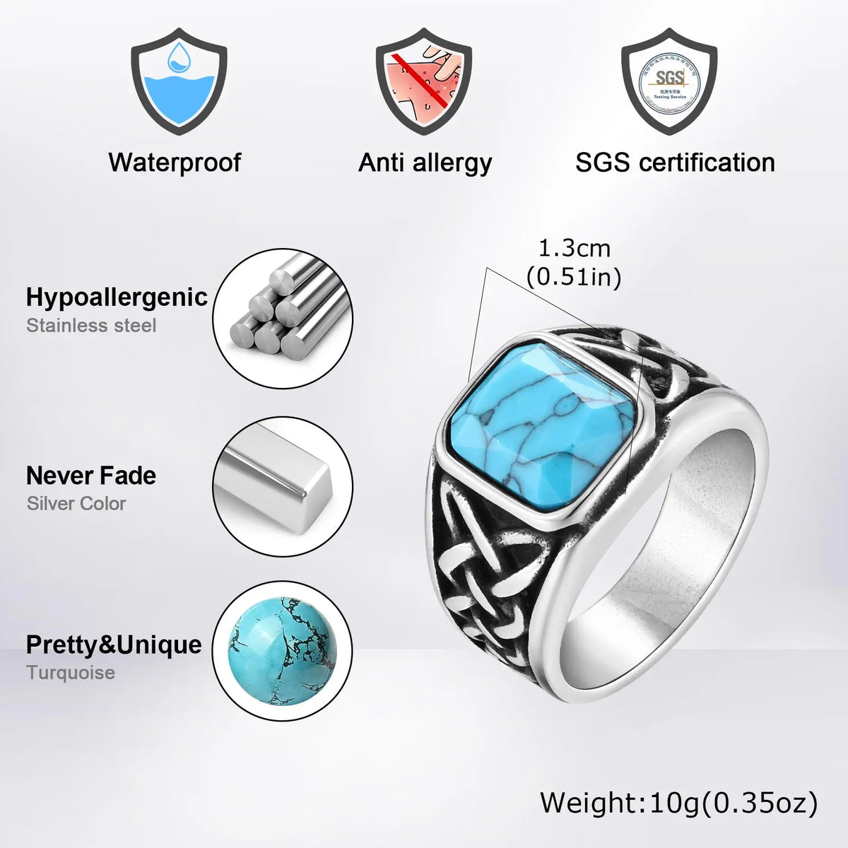 Vintage Stylish Natural Stone Turquoise Ring Waterproof Stainless Steel Signet Ring Vintage