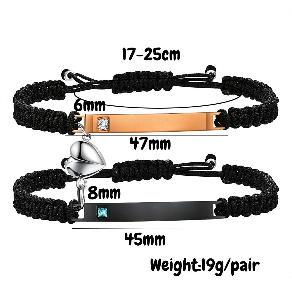 Fashion Custom Couple Stainless Steel Bracelet Set Black Woven Heart Magnetic Suction Diamond Inlaid Bracelet for Women Jewelry