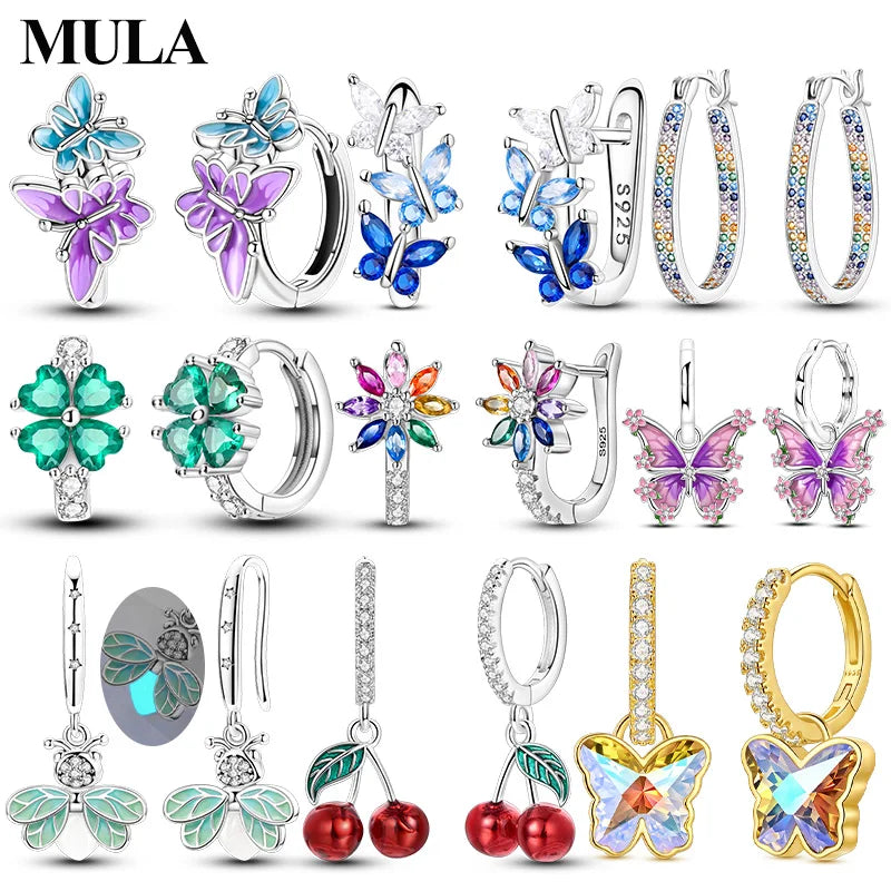 MULA 925 Sterling Silver Earring Stud For Women Fine Jewelry Gift Butterfly Four-leaf Clover Flowers Firefly Zircon Hoop Earring