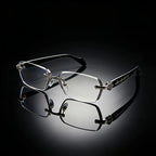 New classic retro square frameless small frame trendy daily casual wear sunglasses, metal frame + PC lenses, unisex street sunglasses, simple and advanced sense, light and no nose pressure, showing a small face artifact