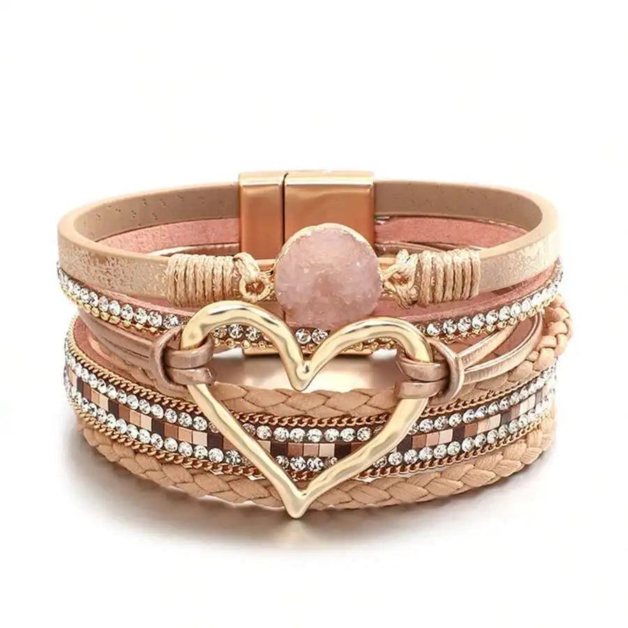 Layered PU Leather Heart Charm Wrap Bracelet With Magnetic Closure For Women, Boho Style, All Season Accessory mbzr