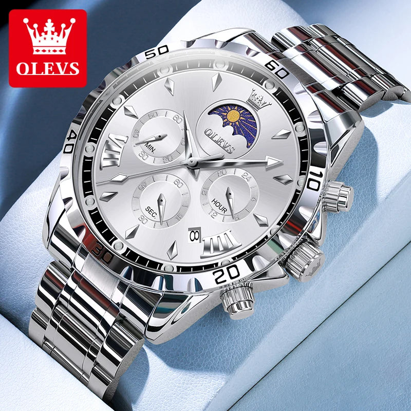 OLEVS Fashion Brand Men's Watch Waterproof and Luminous Calendar Lunar Phase Timing Code Watch Luxury Sports Men's Quartz Watch mbzr