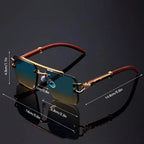 Retro Double Bridge Rimless Sunglasses With Wood Texture And Gold Tone Decoration mbzr