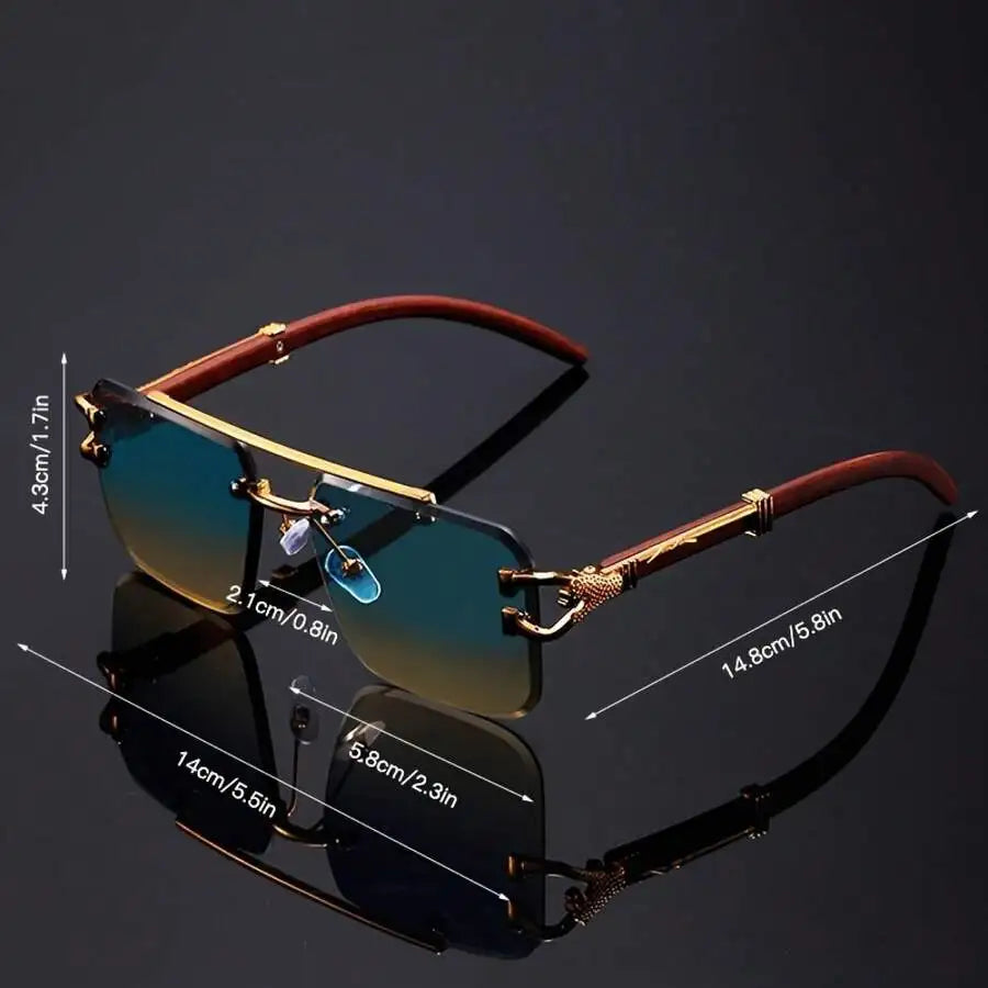 Retro Double Bridge Rimless Sunglasses With Wood Texture And Gold Tone Decoration mbzr