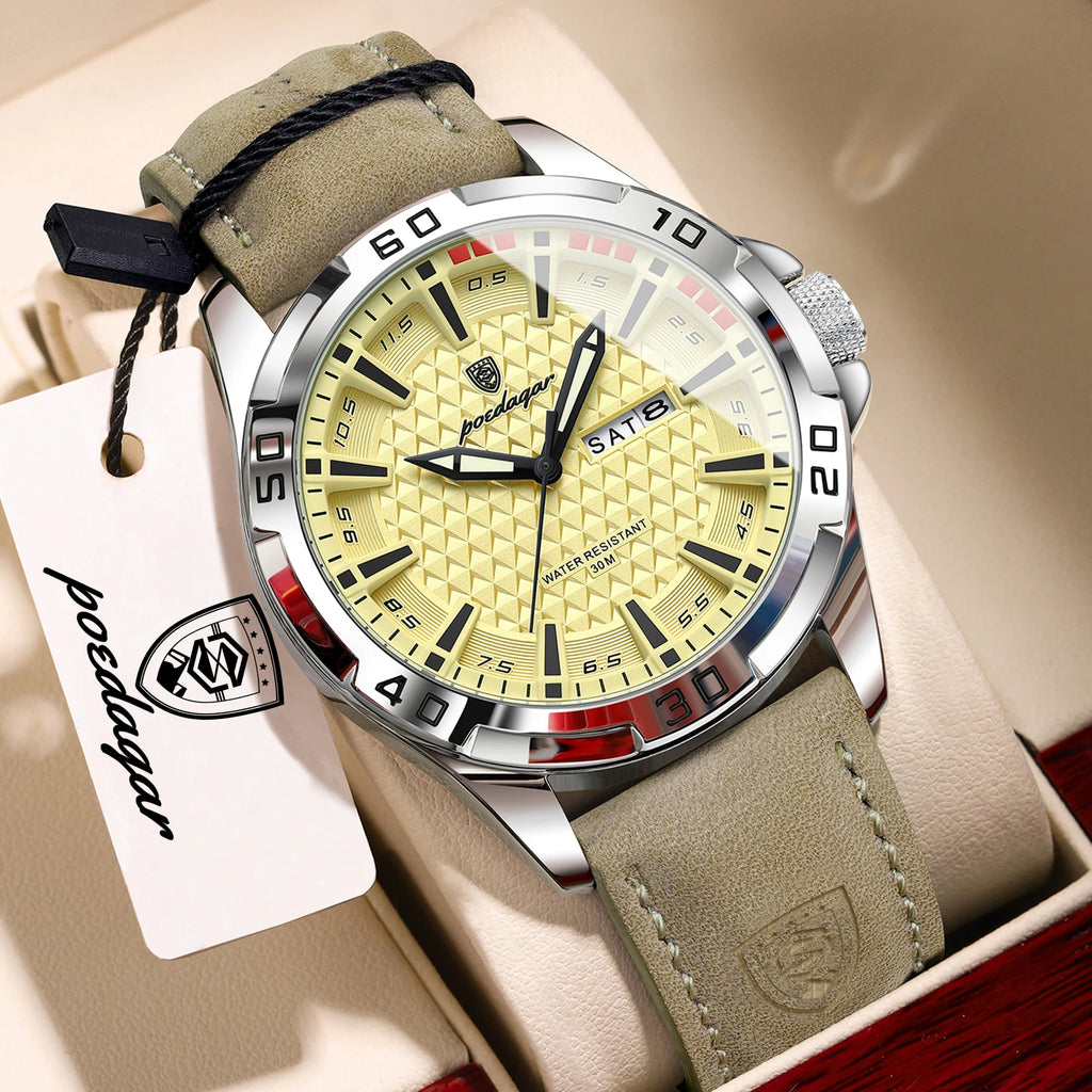 POEDAGAR Original Business Man Wristwatch Waterproof Luminous Date Week Casual Watch For Men Quartz Leather Luxury Fashion Men's Watches Reloj mbzr