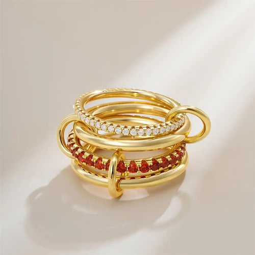 316 Stainless Steel PVD Mixed Metals Multi Layered Finger Rings Shiny CZ Zircon Stackable Ring Set Non Tarnish Dainty Jewelry