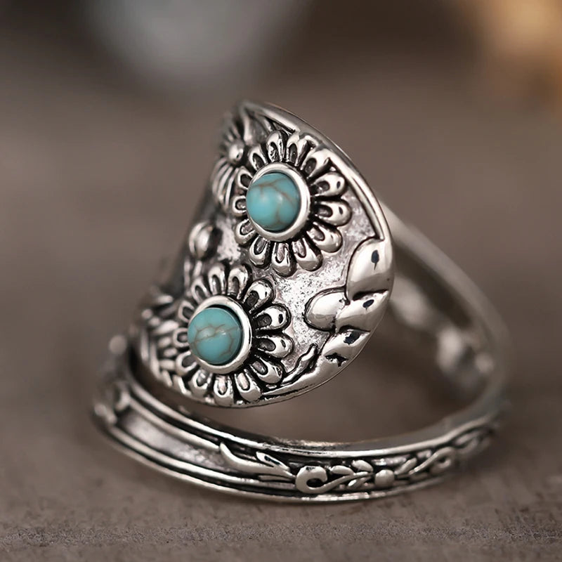 CAOSHI Delicate Vintage Silver Color Ring with Imitation Turquoise Unique Flower Design Adjustable mbzr