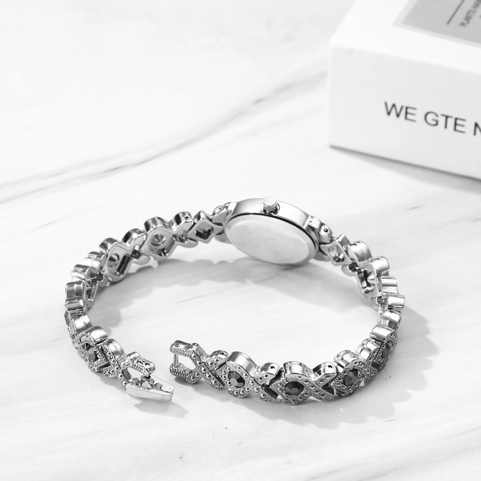 LANCARDO Women's Diamond Bracelet Watch Black Shiny Diamond Vintage Floral Dial Quartz Silver Black Women's Small Watch