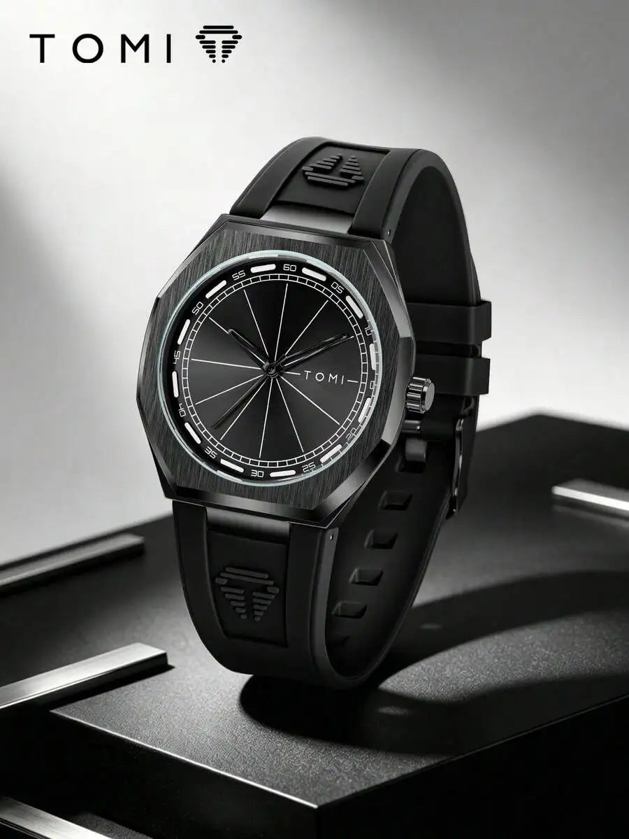 TOMI 1pc TOMI Unisex Fashion Octagonal Quartz Watch Silicone Strap Brushed Case Business Casual Wristwatch Suitable For Daily