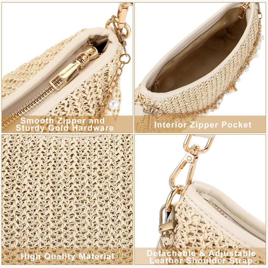 Bohemian Summer Straw Shoulder Bag with Ocean Shell, Starfish for Women Beach Vacation & Tropical Getaways Wrapped Handbags Ladies Handheld Crossbody Bags Totes mbzr