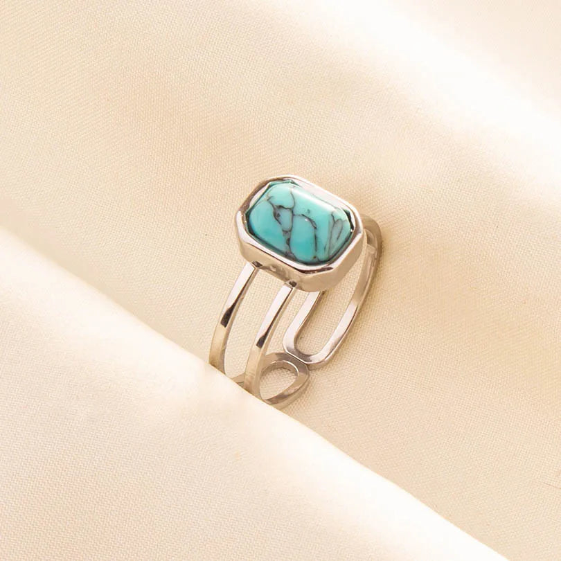 1pc Stainless Steel Boho Turquoise Open Finger Rings Trendy Adjustable Women Multi Layers Stackable