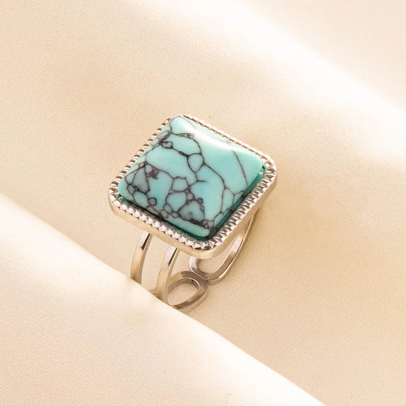 1pc Stainless Steel Boho Turquoise Open Finger Rings Trendy Adjustable Women Multi Layers Stackable
