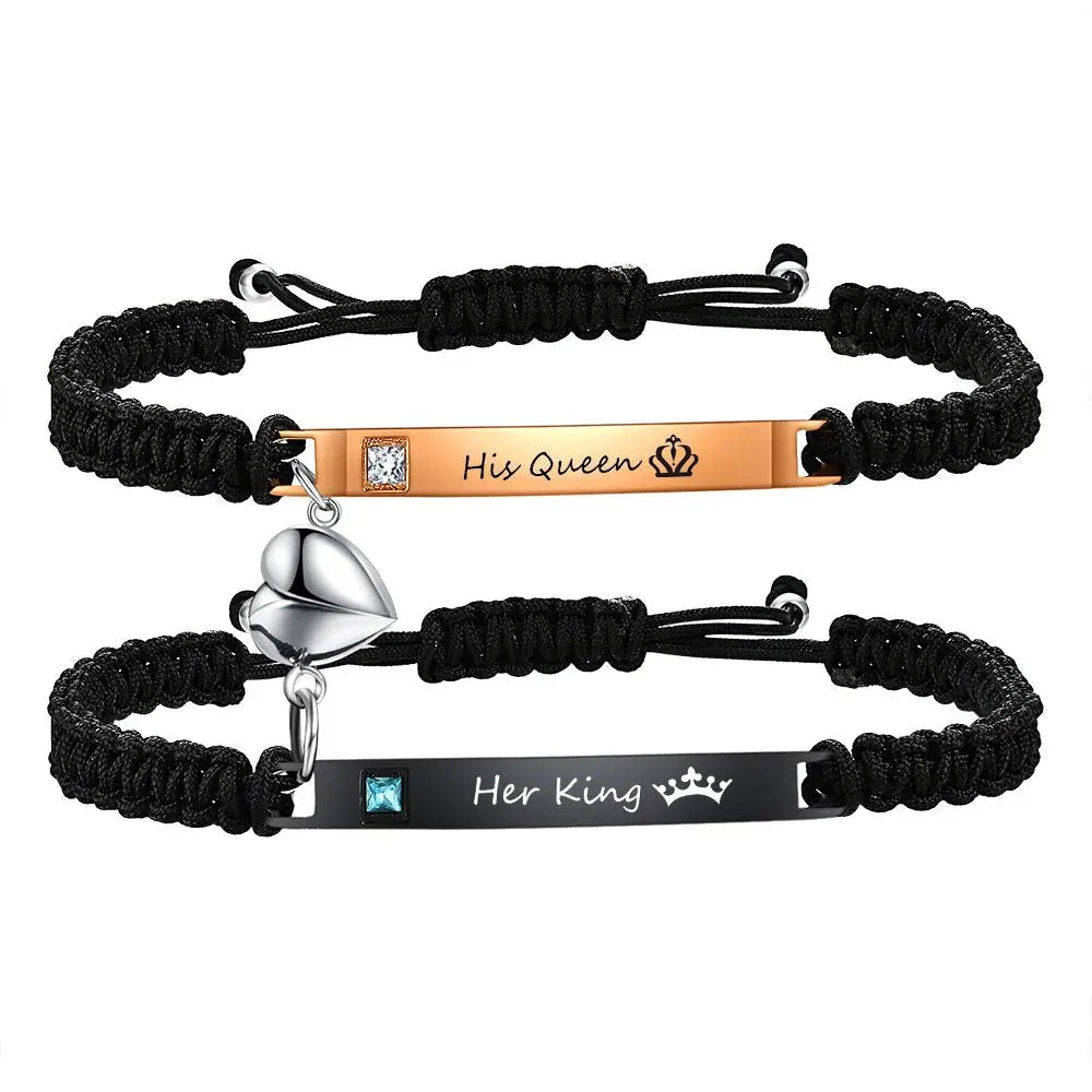 Fashion Custom Couple Stainless Steel Bracelet Set Black Woven Heart Magnetic Suction Diamond Inlaid Bracelet for Women Jewelry