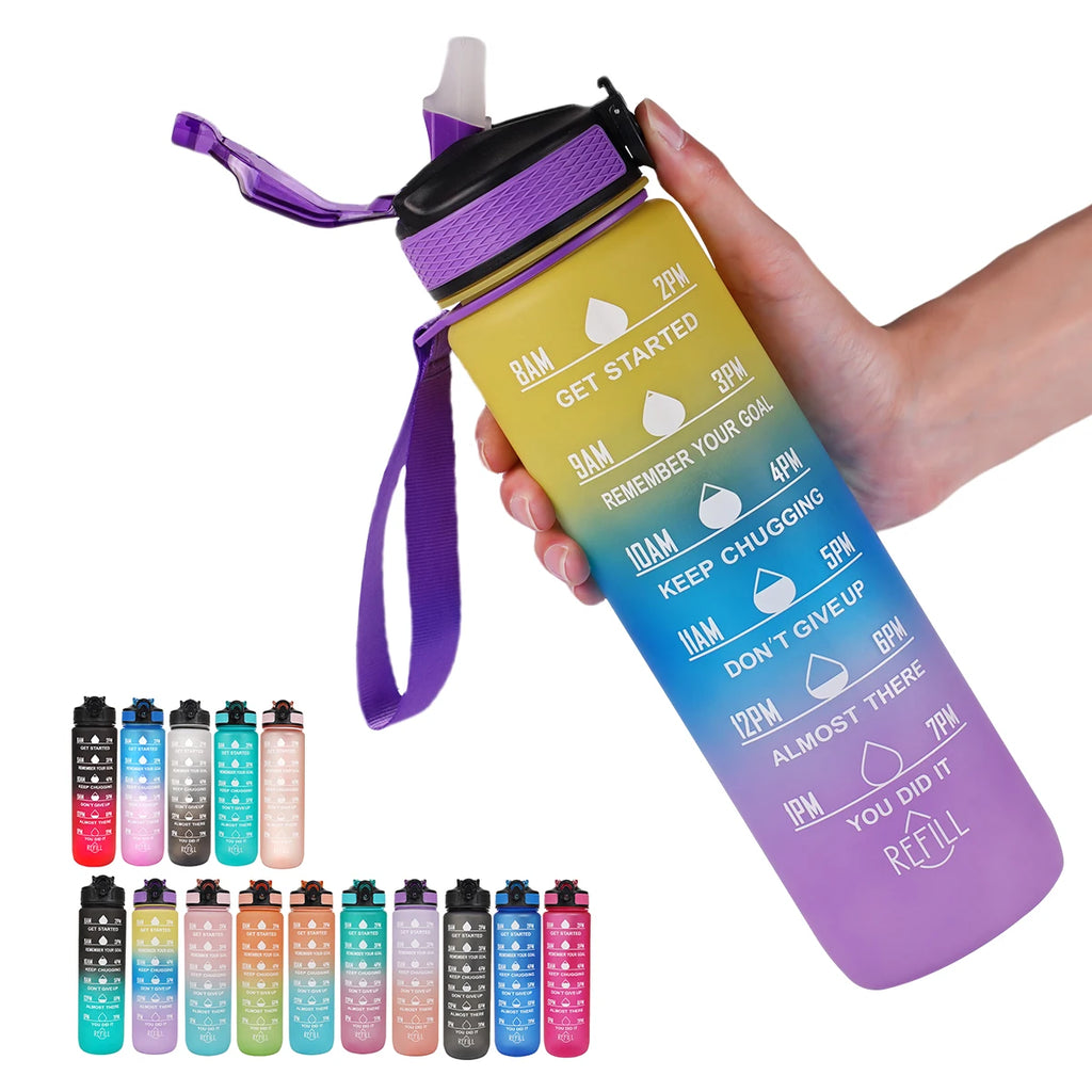 1L Water bottle 12 colors Leak Proof with Time Mark Drink and Straw Motivational Drinking Sports Water Bottle for Outdoor Hiking mbzr