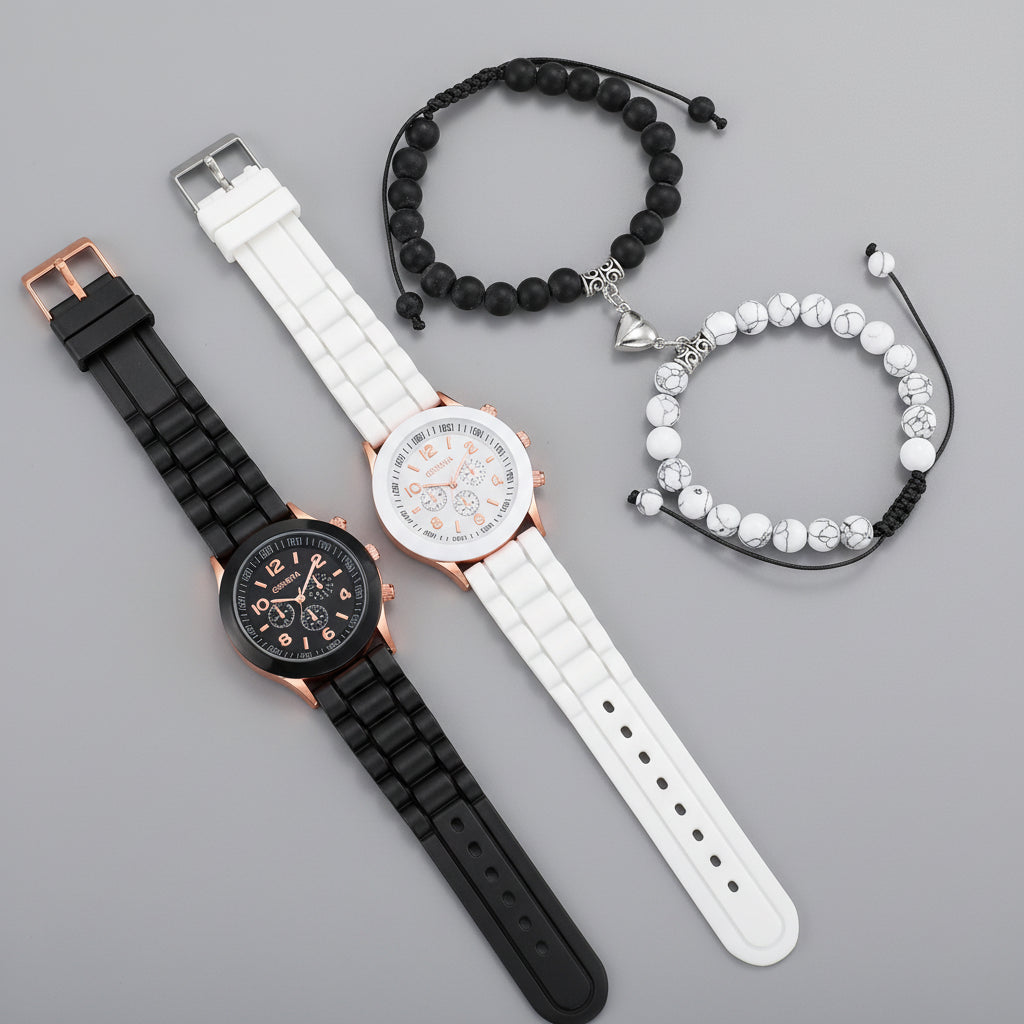 4PCS Couple Watches Fashion Arabic Women Quartz Watch Casual Silicone Band Wristwatches Magnet Heart-Shaped Bracelets Set mbzr
